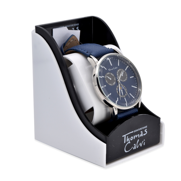 Thomas Calvi Blue Faux Multi Dial Watch in Silver Tone with Blue Strap