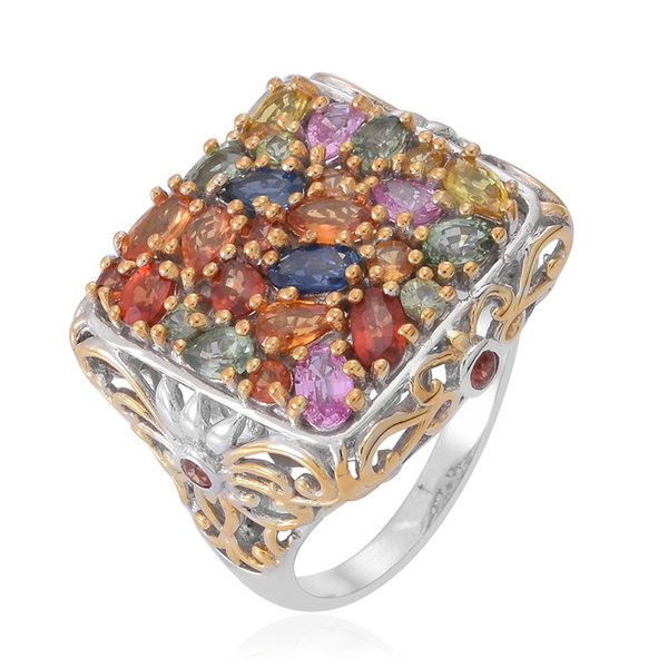 Sunset Sapphire (Ovl), Orange Sapphire, Green Sapphire, Pink Sapphire, Yellow Sapphire, Madagascar Blue Sapphire and Multi Gem Stone Ring in Rhodium Plated Sterling Silver 5.470 Ct.