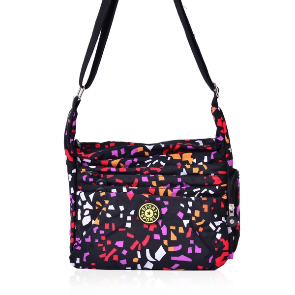 Black and Multi Colour Geometric Pattern Waterproof Sport Bag with External Zipper Pocket and Adjust