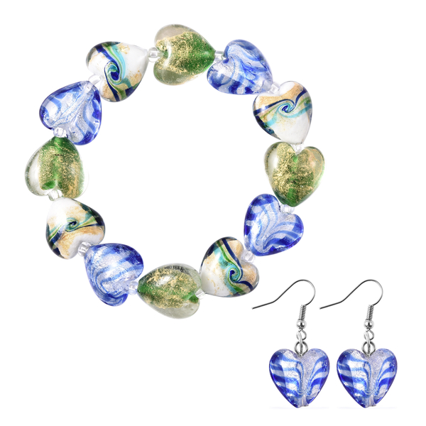 2 Piece Set - Green, Blue Colour Murano Style Glass and Simulated Diamond Stretchable Heart Bracelet