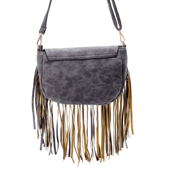 Dark Grey Colour Crossbody Bag with Tassels and Adjustable and Removable Shoulder Strap (Size 25.5x17.5x8.5 Cm)
