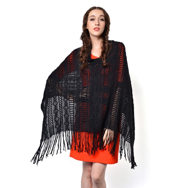 Black Colour Knitted Poncho with Tassels (Free Size)