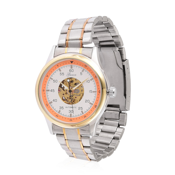 GENOA Automatic Skeleton White Dial Watch in Yellow Gold and Silver Tone with Stainless Steel and Gl