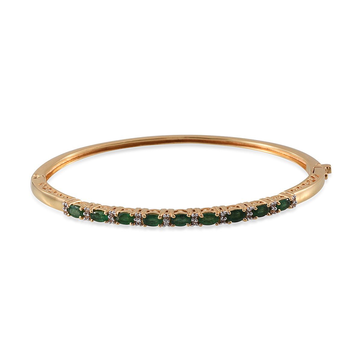 Brazilian Sakota Emerald (Ovl), White Topaz Bangle (Size 7.5) in 14K Gold Overlay Sterling Silver 2.