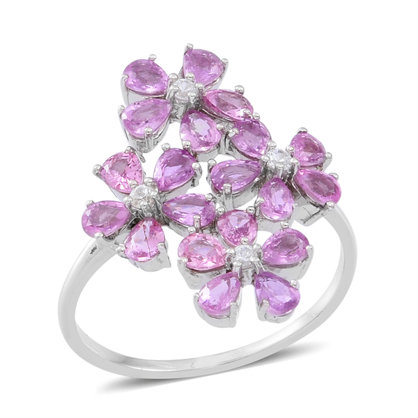 Pink Sapphire (Pear), White Zircon Floral Ring in Rhodium Plated Sterling Silver 6.000 Ct.