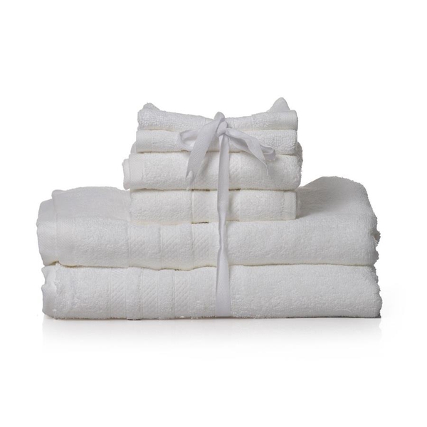 Set of 6 - 100% Cotton White Colour 2 Bath Towels (Size 140x75 Cm), 2 Hand Towels (Size 70x40 Cm) an