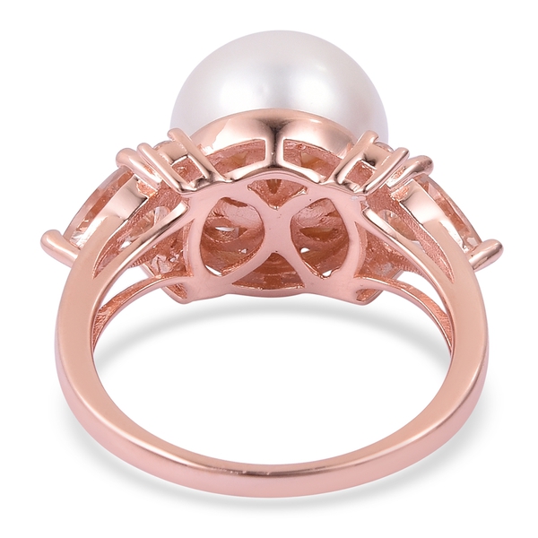 Collectors Edition- Very Rare Size Edison Pearl (Rnd 13-14mm), Marropino Morganite and Natural White Cambodian Zircon Ring in Rose Gold Overlay Sterling Silver