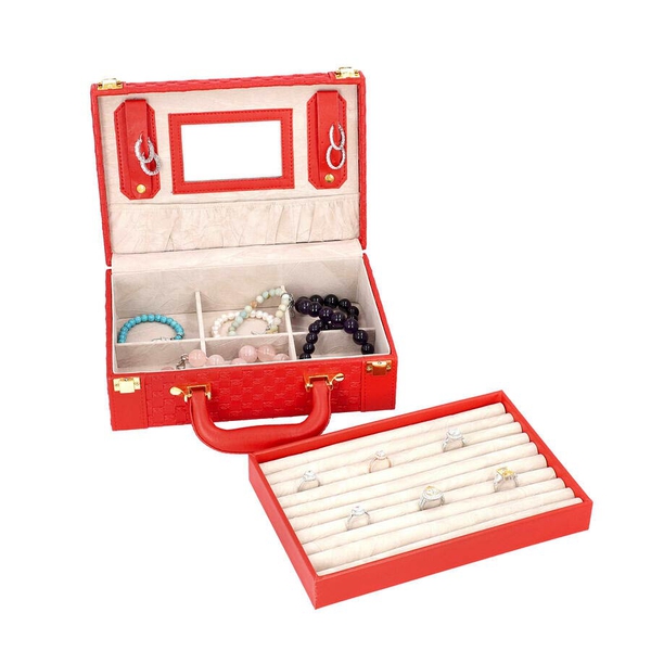 Red Colour Woven Pattern Briefcase Design Double Layer Jewellery Box with Mirror Inside (Size 27.5X18.5X9 Cm)