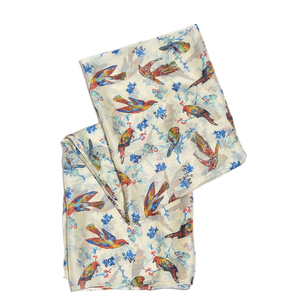 100% Mulberry Silk Blue, White and Multi Colour Handscreen Flying Birds Printed Scarf (Size 200X180 Cm)