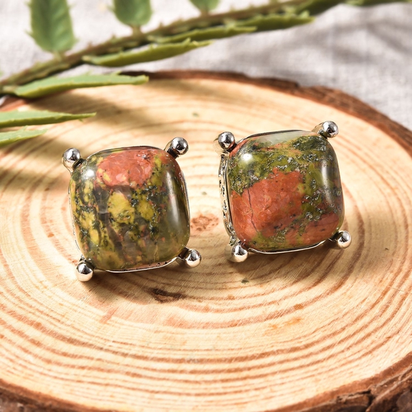Unakite Stud Earrings (with Push Back) in Silver Tone
