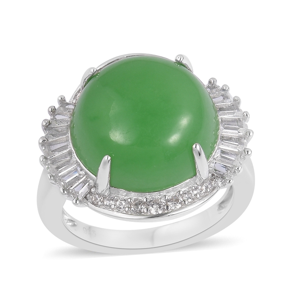 11.92 Ct Green Jade and White Topaz Halo Ring in Rhodium Plated Sterling Silver