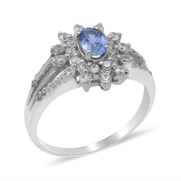 Ceylon Sapphire and Natural Cambodian Zircon Ring in Rhodium Overlay Sterling Silver 1.06 Ct.