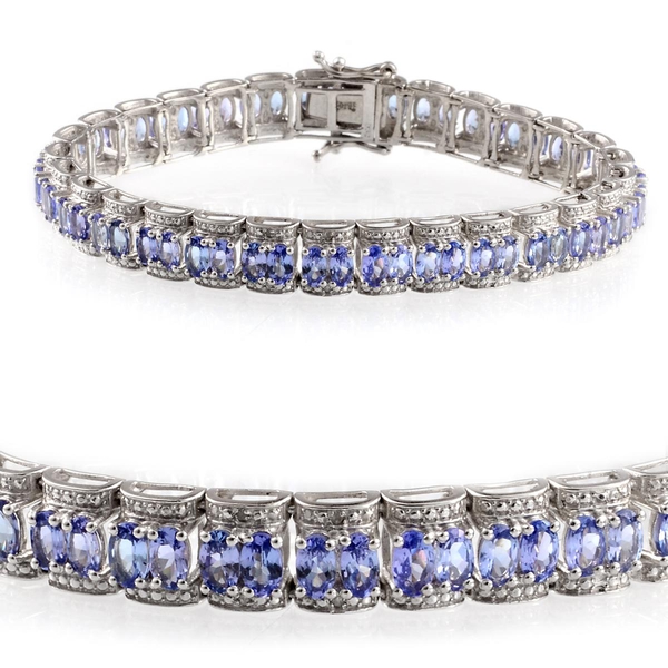 14.02 Ct AA Tanzanite and Diamond Tennis Bracelet in Platinum Plated Silver 20 Grams 7.5 Inch