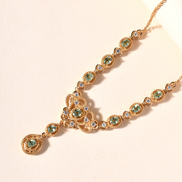 Demantoid Garnet and Natural Cambodian Zircon Necklace (Size - 18 With 2 inch Extender) in 14K Gold Overlay Sterling Silver 2.78 Ct, Silver Wt. 10.13 Gms