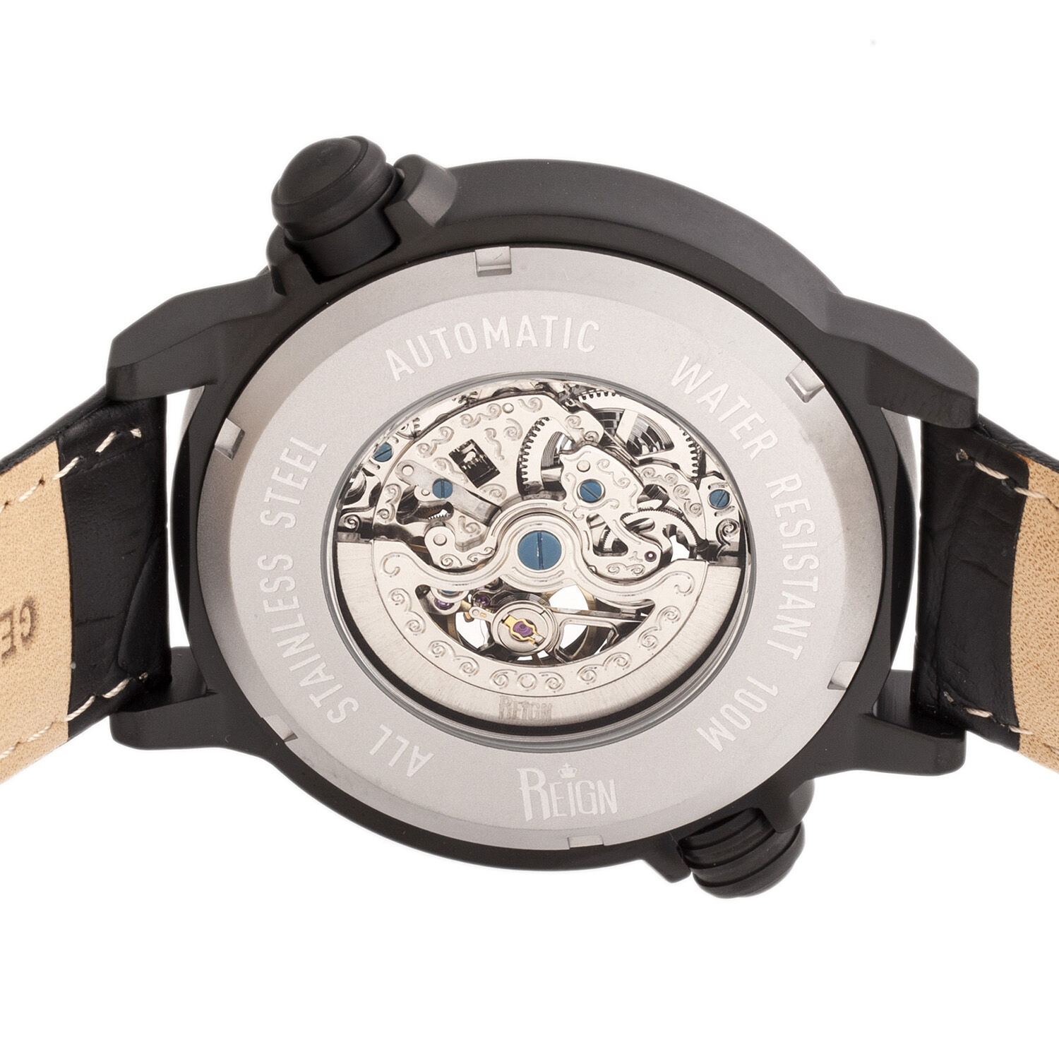 Reign Thanos Automatic Movement Skeleton Dial Water Resistant Watch with Stainless Steel Case and Genuine Leather Strap - Black & Red