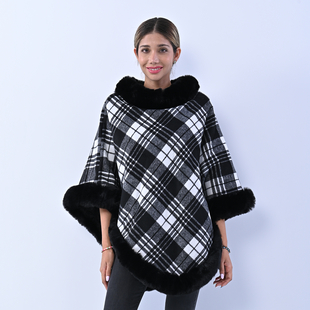LA MAREY Checkered Pattern Faux Fur Poncho - Black