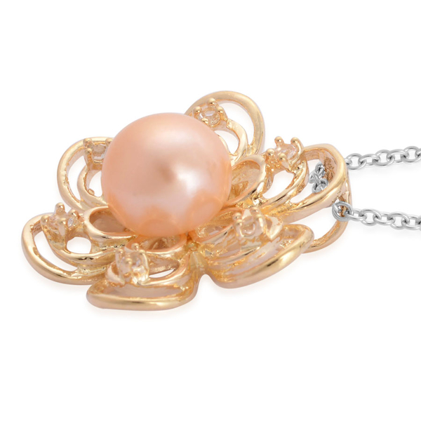 Fresh Water Dyed Peach Pearl and White Austrian Crystal Flower Pendant in Gold Tone with Stainless Steel Chain (Size 20)