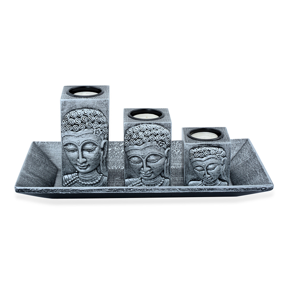 Home Decor - Silver Colour Three Bodhisattva Candle Holder with Stones