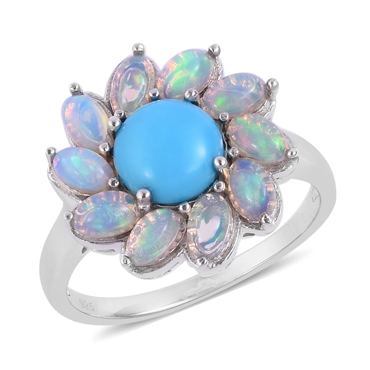 Arizona Sleeping Beauty Turquoise (Rnd 1.50 Ct), Ethiopian Welo Opal Flower Ring in Rhodium Plated S