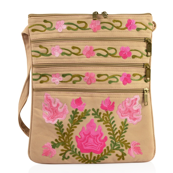 Beige, Green and Pink Colour Hand Embroidered Floral and Leaves Pattern Sling Bag with External Zipp