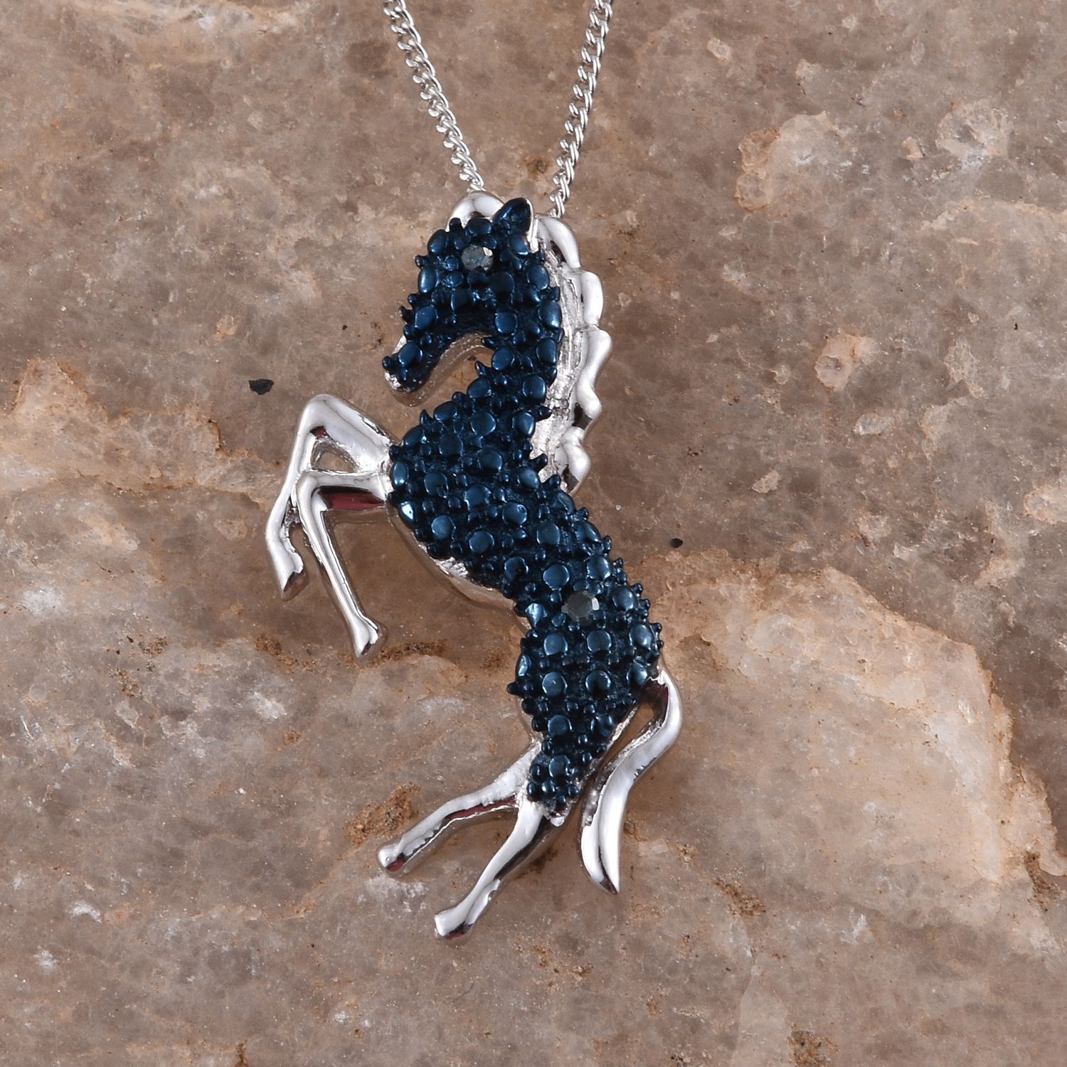 Blue Diamond (Rnd) Horse Pendant With Chain in Platinum Overlay Sterling Silver