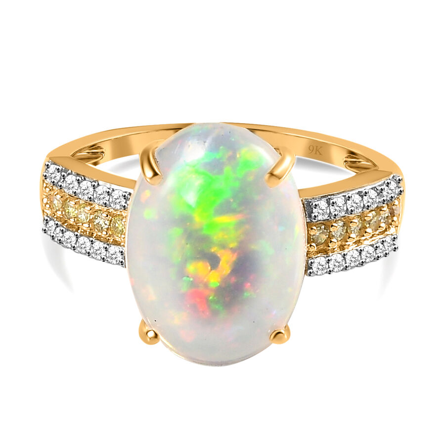 9K Yellow Gold AAA Ethiopian Welo Opal, Natural Yellow Diamond & White Diamond (G-H) Ring 4.10 Ct