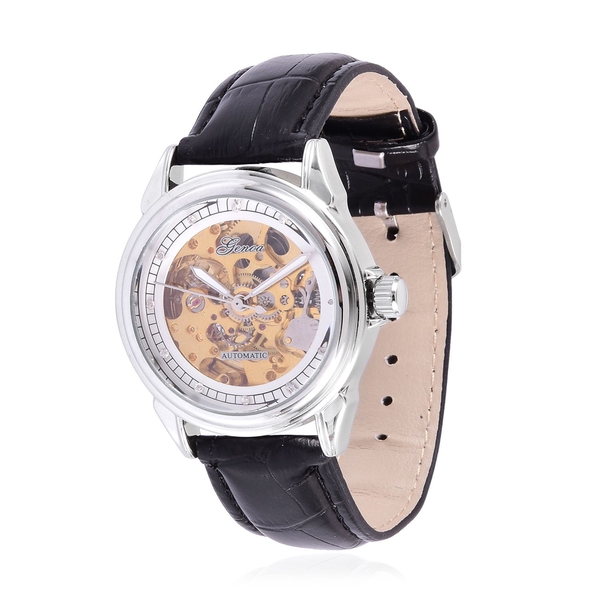 GENOA Automatic Skeleton White Austrian Crystal Studded Golden and White Dial Water Resistant Watch 