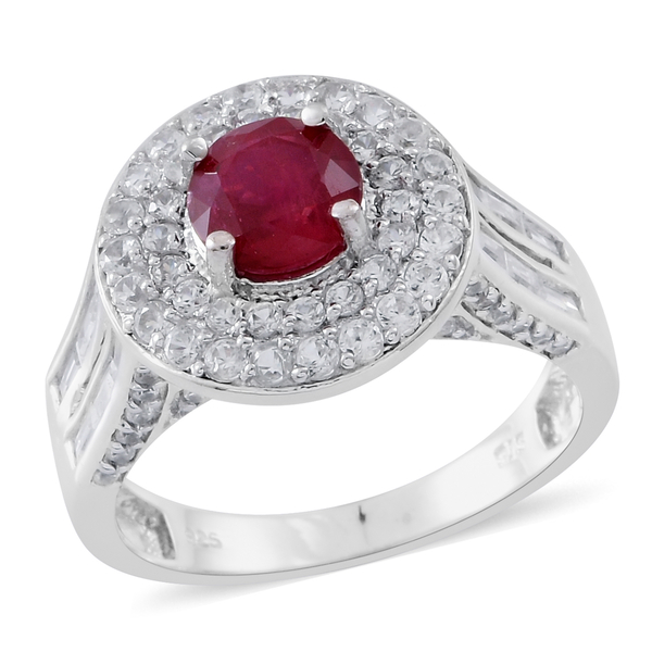 4.75 Ct African Ruby and Zircon Double Halo Ring in Rhodium Plated Silver 5.50 Grams