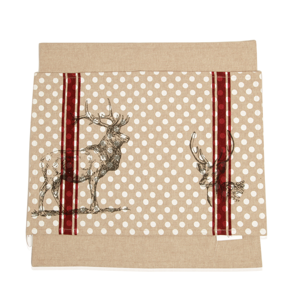 Set of 2 - 100% Cotton Stag Design Grey, Maroon and White Colour Placemat (Size 48x33 Cm) and Beige 