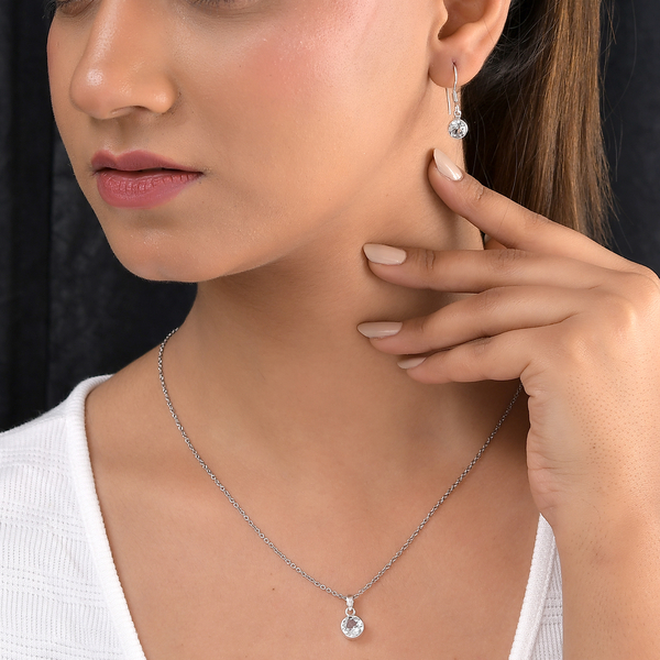 2 Piece Set - White Topaz Pendant & Hook Earrings in Platinum Overlay Sterling Silver With Stainless Steel Chain ( Size20), Silver Wt. 5.54 Gms