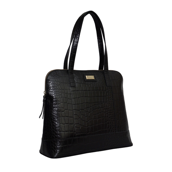 Assots London EVA 100% Genuine Leather Croc Embossed Pattern Handbag (Size 37x29x10 Cm) - Black