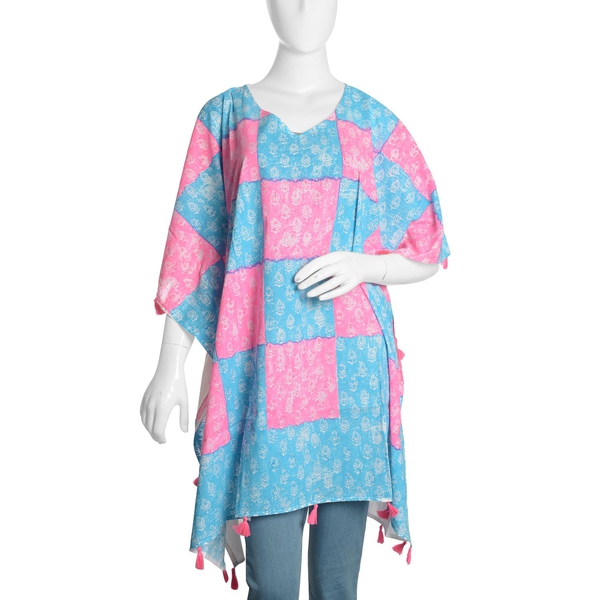 New Season-100% Cotton Blue, Pink and White Colour Hand Block Paisley Printed Kaftan with Tassels (F