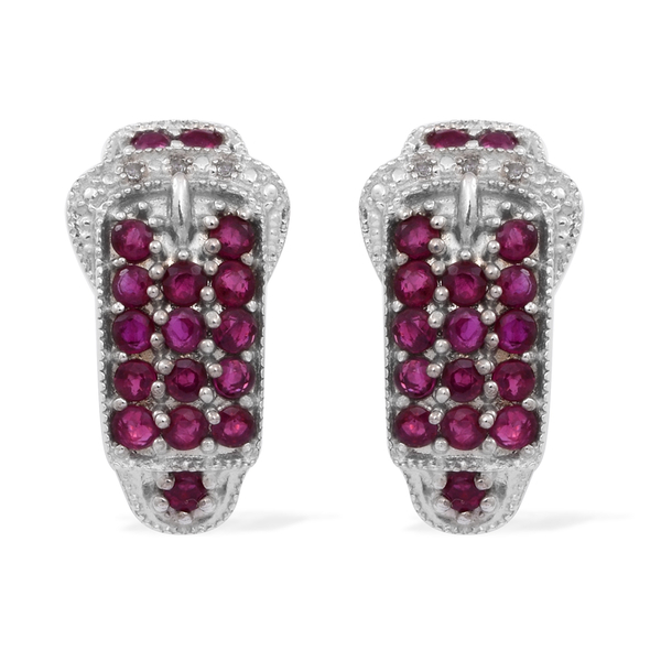 AAA Ruby (Rnd), White Topaz Buckle Earrings (with French Clip) in Rhodium Plated Sterling Silver 2.5