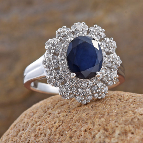 Kanchanaburi Blue Sapphire (Ovl 3.00 Ct), Natural Cambodian Zircon Flower Ring in Platinum Overlay Sterling Silver 4.000 Ct.
