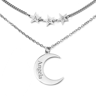 Personalised Engravable Stars & Moon Layered Necklace in Stainless Steel, Size 17.5"