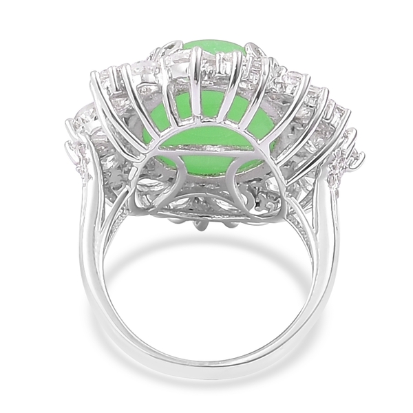 Green Jade (Ovl 11.75 Ct), White Topaz Floral Ring in Rhodium Plated Sterling Silver 15.650 Ct. Silver wt. 5.27 Gms.