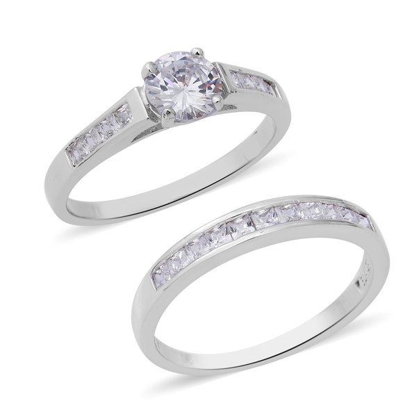 Set of 2 ELANZA Simulated Diamond Solitaire Band Ring in Rhodium Plated Sterling Silver