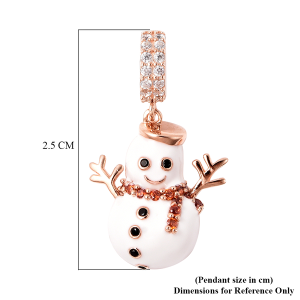 Charmes De Memoire- Simulated Garnet, Simulated Black & White Diamond Snowman Enamelled Charm in Rose Gold Overlay Sterling Silver