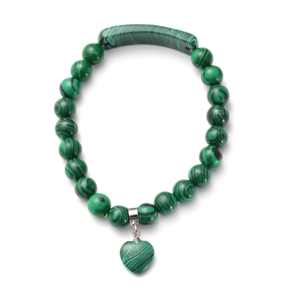 Malachite Stretchable Bracelet (Size 7) with Charm in Silver Tone