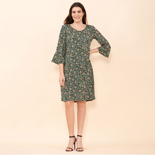 TAMSY 100% Viscose Floral Pattern Midi Dress (Size 8) - Dark Green