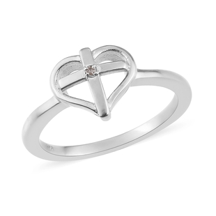 White Diamond Heart with Cross Ring in Platinum Overlay Sterling Silver