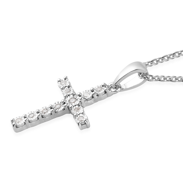 Diamond (Rnd) Cross Pendant with Chain (Size 20) in Platinum Overlay Sterling Silver 0.100 Ct.