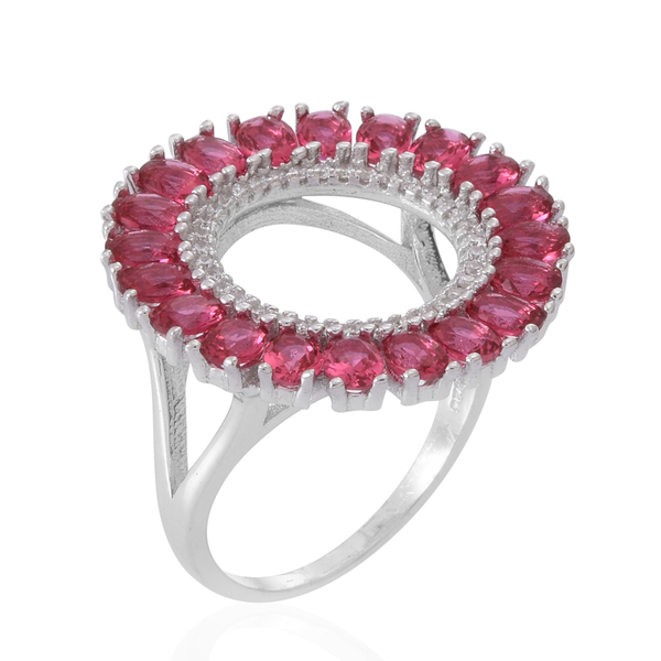 ELANZA AAA Simulated Ruby (Ovl), Simulated Diamond Ring in Rhodium Plated Sterling Silver