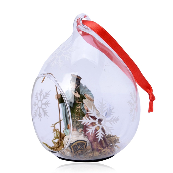 Home Decor - Set of 2 - Snowflake Glass Ornament with Nativity Inside (Size 11X7 Cm)