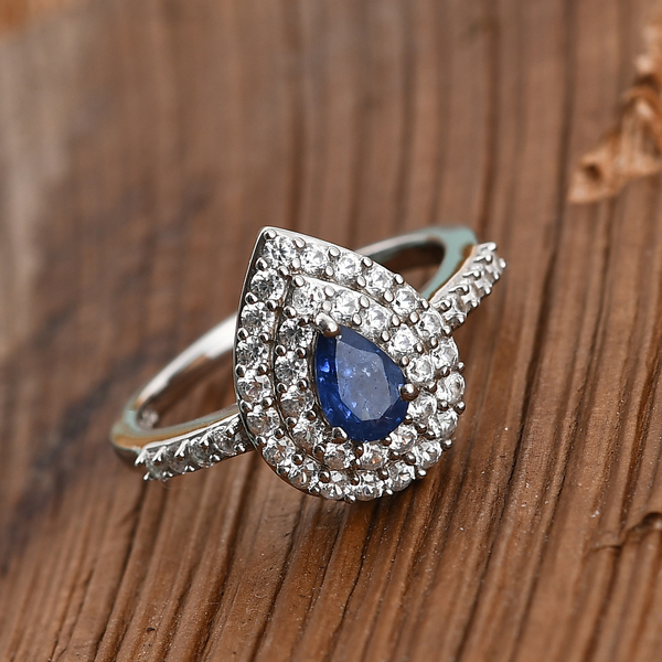Blue Sapphire and Natural Cambodian Zircon Ring in Platinum Overlay Sterling Silver 1.32 Ct.