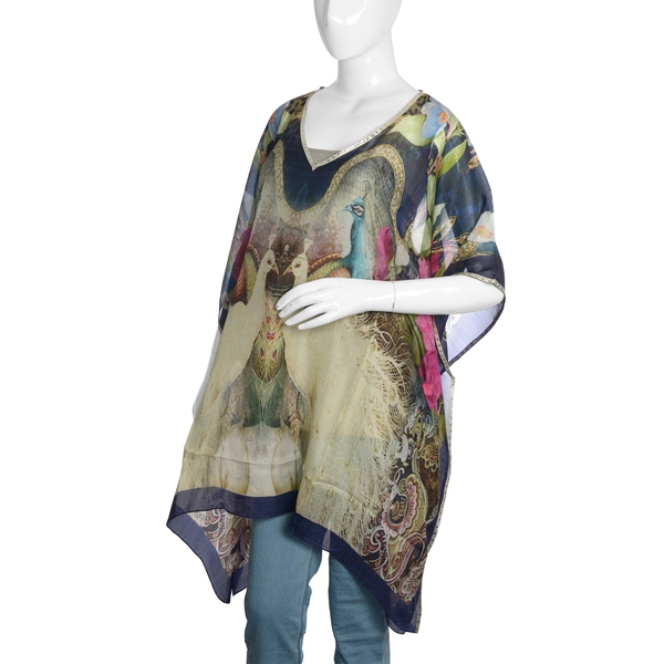 100% Mulberry Silk Pink, Navy and Multi Colour Peacock Pattern Kaftan (Size 100x90 Cm)