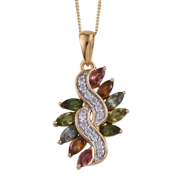 Rainbow Tourmaline (Mrq), Natural Cambodian Zircon Pendant With Chain in 14K Gold Overlay Sterling S