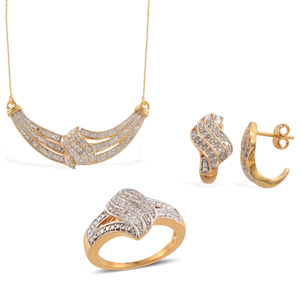 Diamond (Rnd) Ring, Earrings (with Push Back) and Necklace (Size 20) in 14K Gold Overlay Sterling Si
