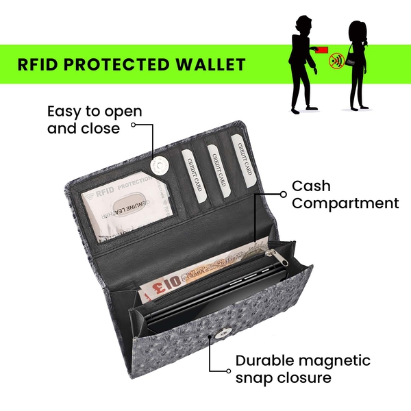100% Genuine Leather Ostrich Embossed Womens RFID Protected Wallet (Size 18x10 Cm) - Charcoal Grey