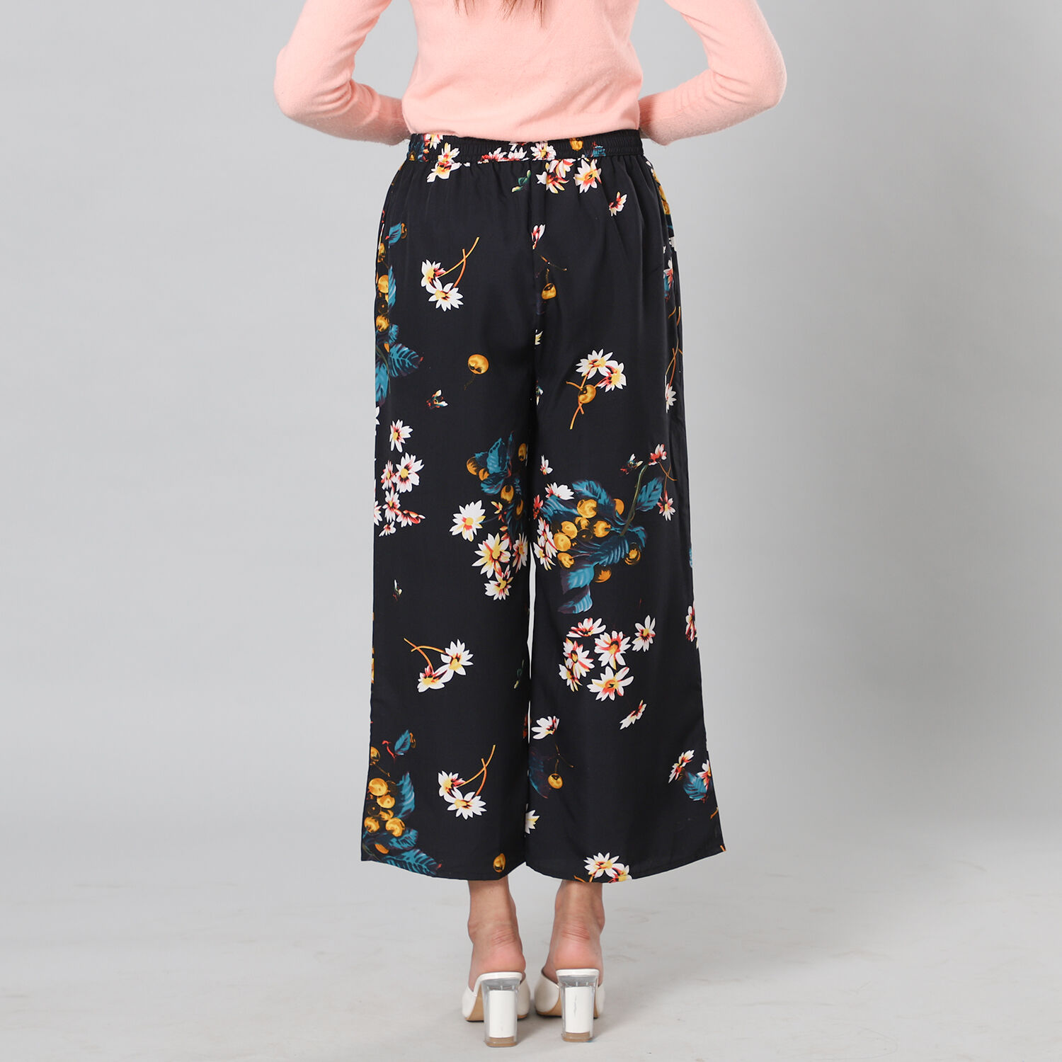 Multi Colour Floral Printed Black Trousers (Size XXL, 22-26)